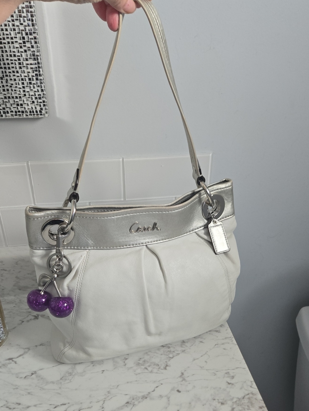 Coach Vintage Leather White and Silver Shoulder Bag with Purple Charm